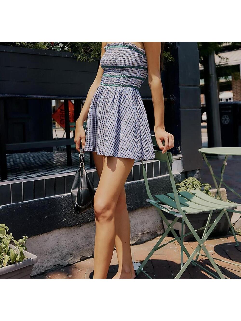 Free People Women's Bali Checked Out Printed Romper Blue Combo (no straps) XS